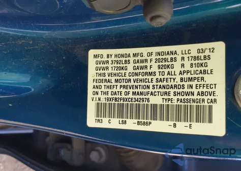 2012 Honda Civic Ex-L из США, поврежденный, VIN 19XFB2F9XCE342976